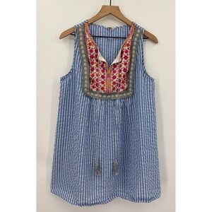 Entro‎ Dress Womens Large Blue White Striped Sleeveless Embroidered Boho